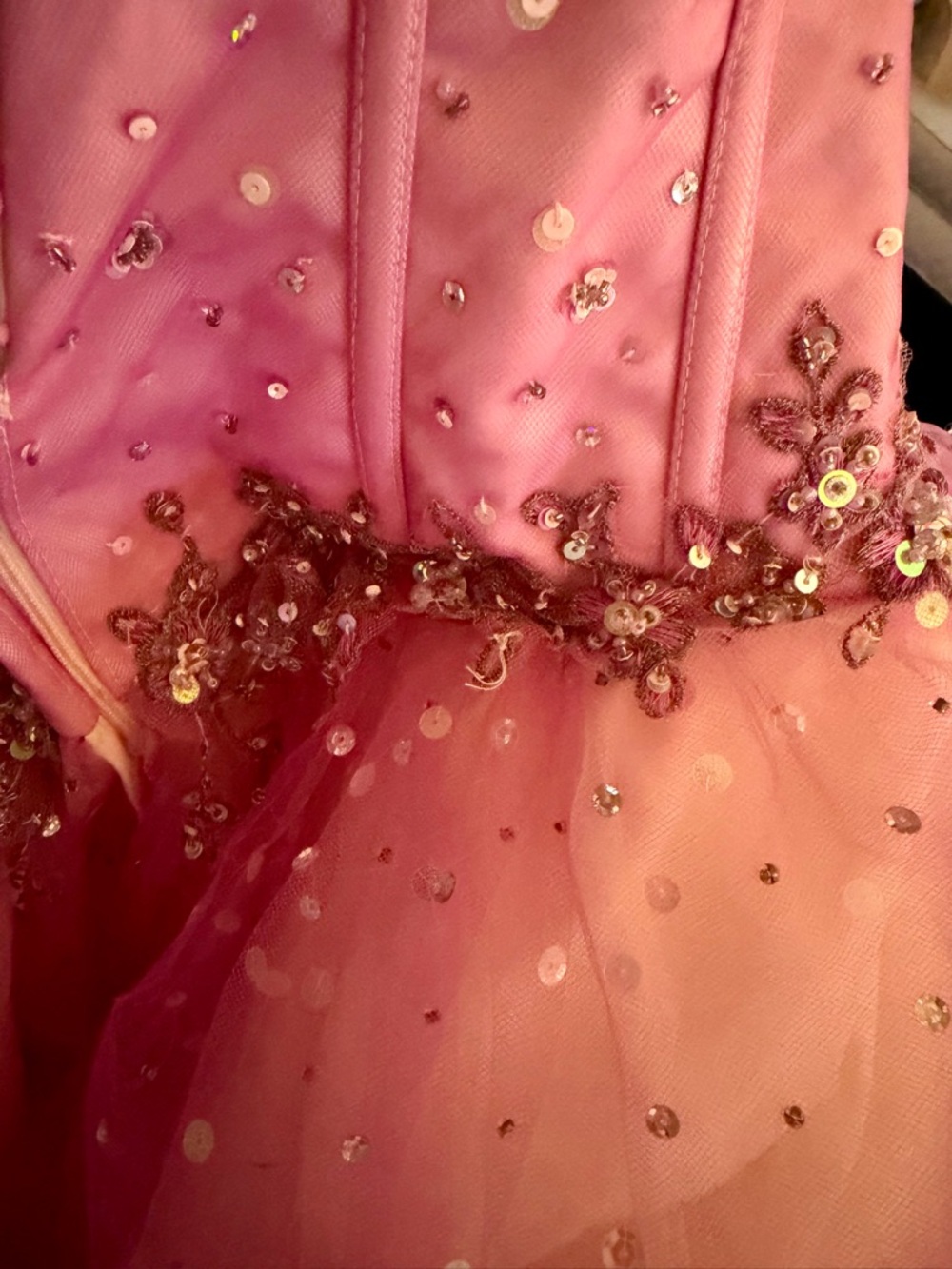 Mori Lee Strapless Pink Tulle Ball Gown with Beaded Bodice - Picture 5 of 9